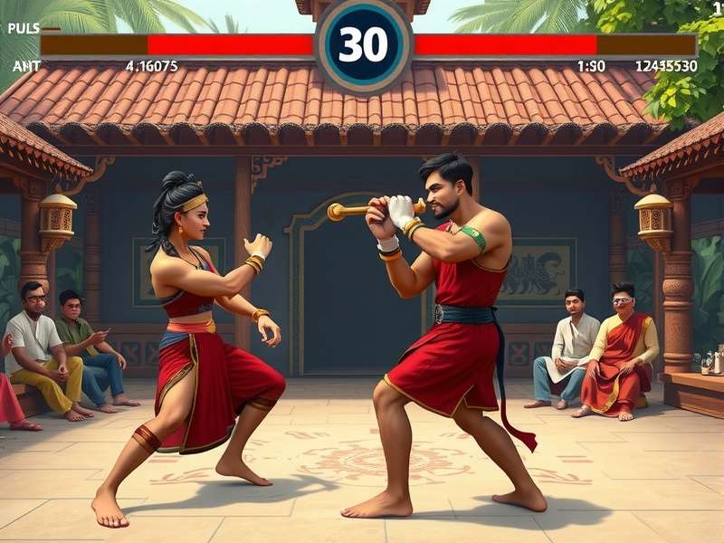 Mysore Tiger Fist gameplay screenshot showing two characters fighting in a traditional Indian arena